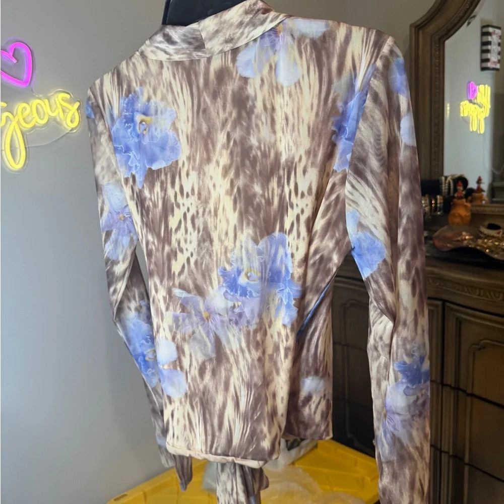 Zara Brown Animal Print Wrap around Blouse with Blue Floral Details - Picture 13 of 16